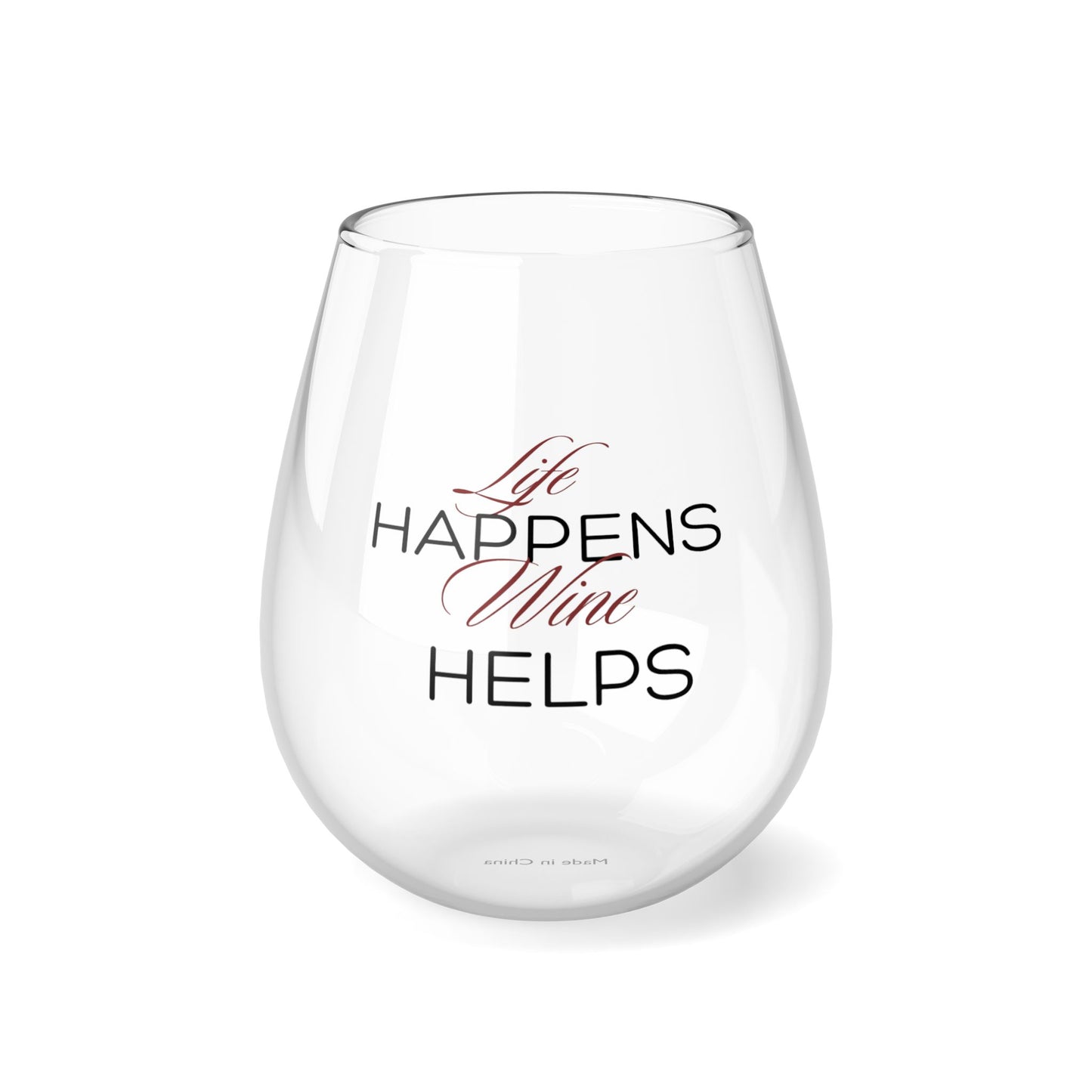 "Life Happens, Wine Helps" In Red Stemless Wine Glass, 11.75oz