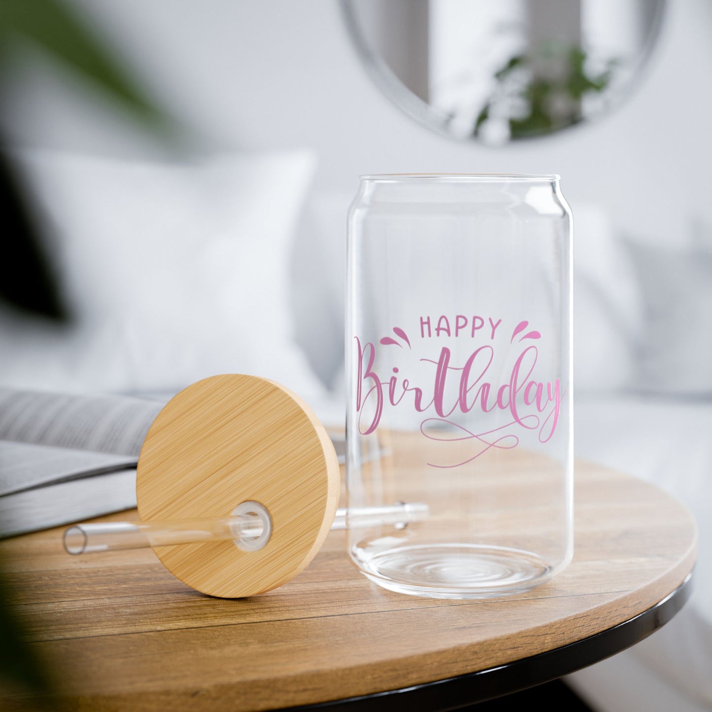 "Happy Birthday" in Pink Sipper Glass, 16oz