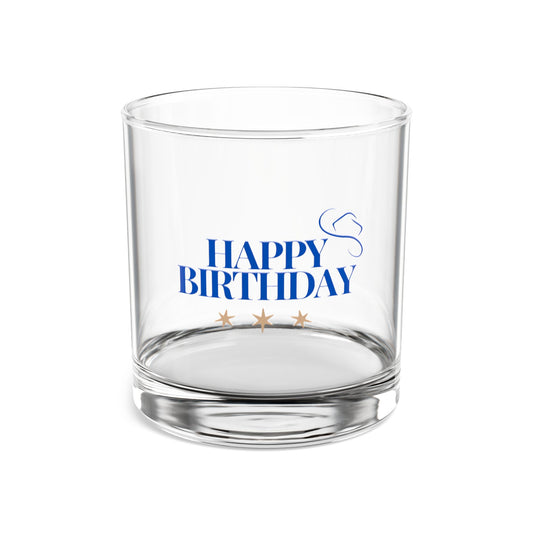 "Happy Birthday" Blue Cowboy Style Rocks Glass, 10oz