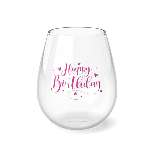 "Happy Birthday" in Pink Stemless Cocktail/Wine Glass, 11.75oz