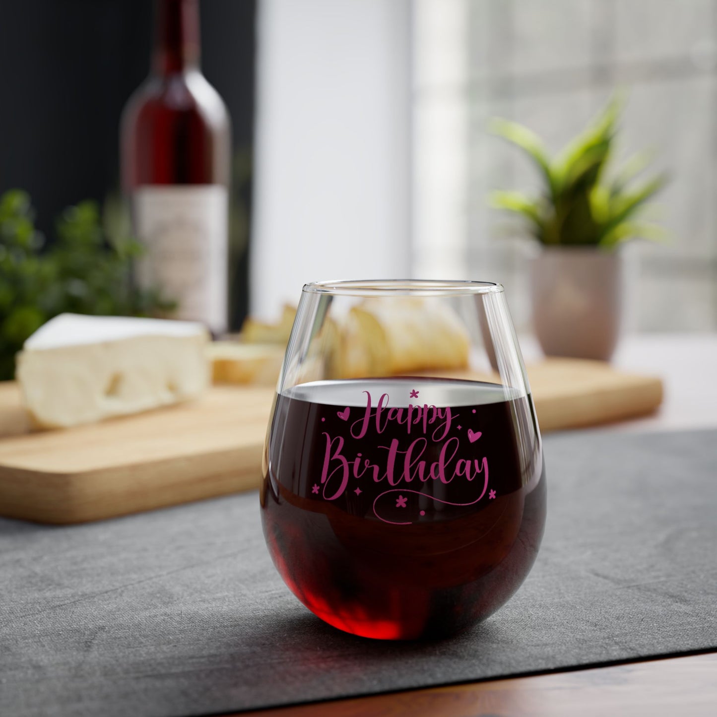 "Happy Birthday" in Pink Stemless Cocktail/Wine Glass, 11.75oz