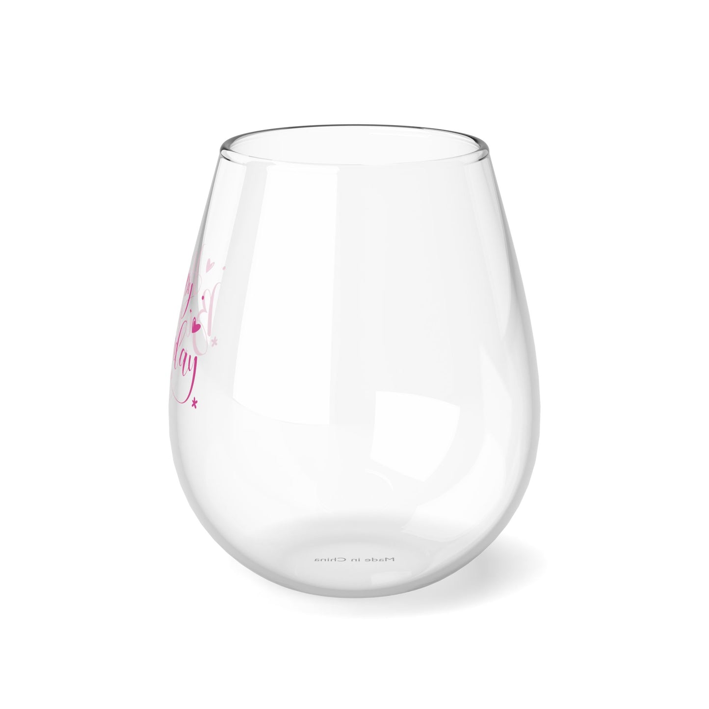 "Happy Birthday" in Pink Stemless Cocktail/Wine Glass, 11.75oz