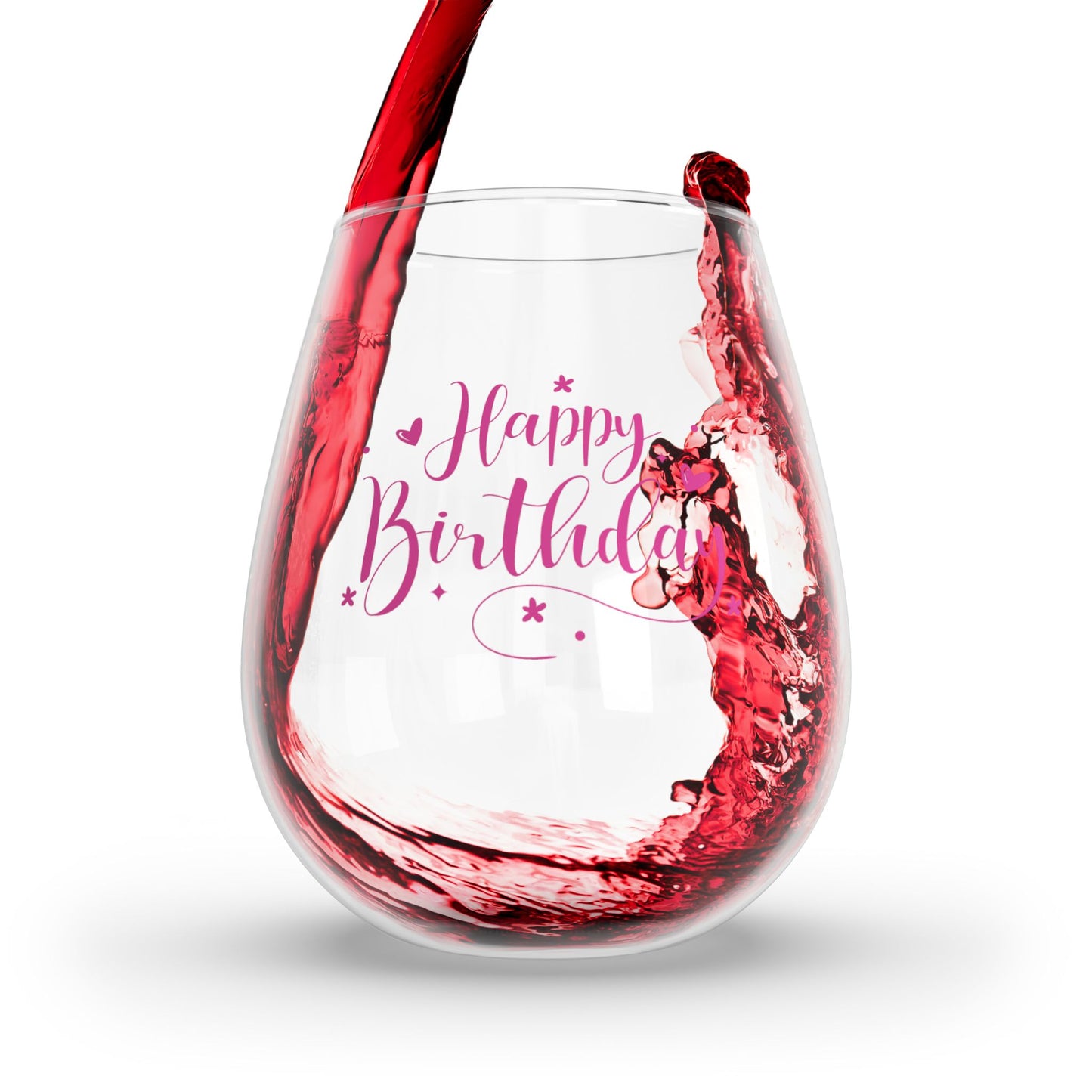 "Happy Birthday" in Pink Stemless Cocktail/Wine Glass, 11.75oz