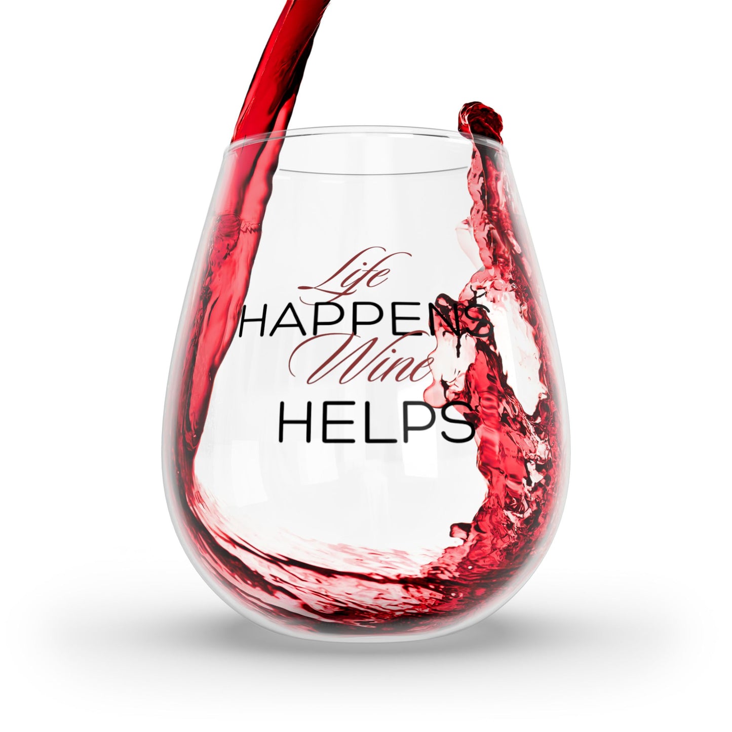 "Life Happens, Wine Helps" In Red Stemless Wine Glass, 11.75oz