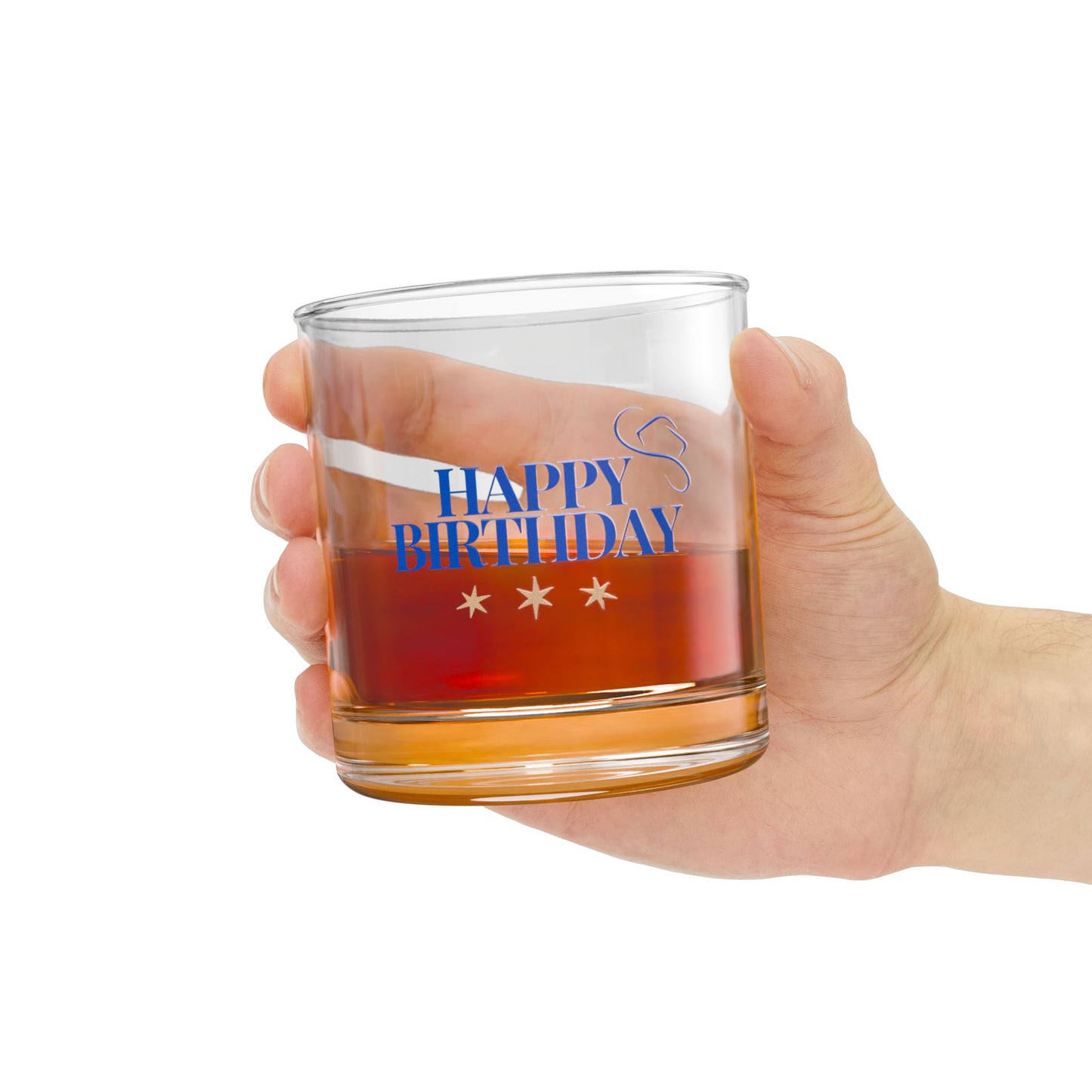 "Happy Birthday" Blue Cowboy Style Rocks Glass, 10oz