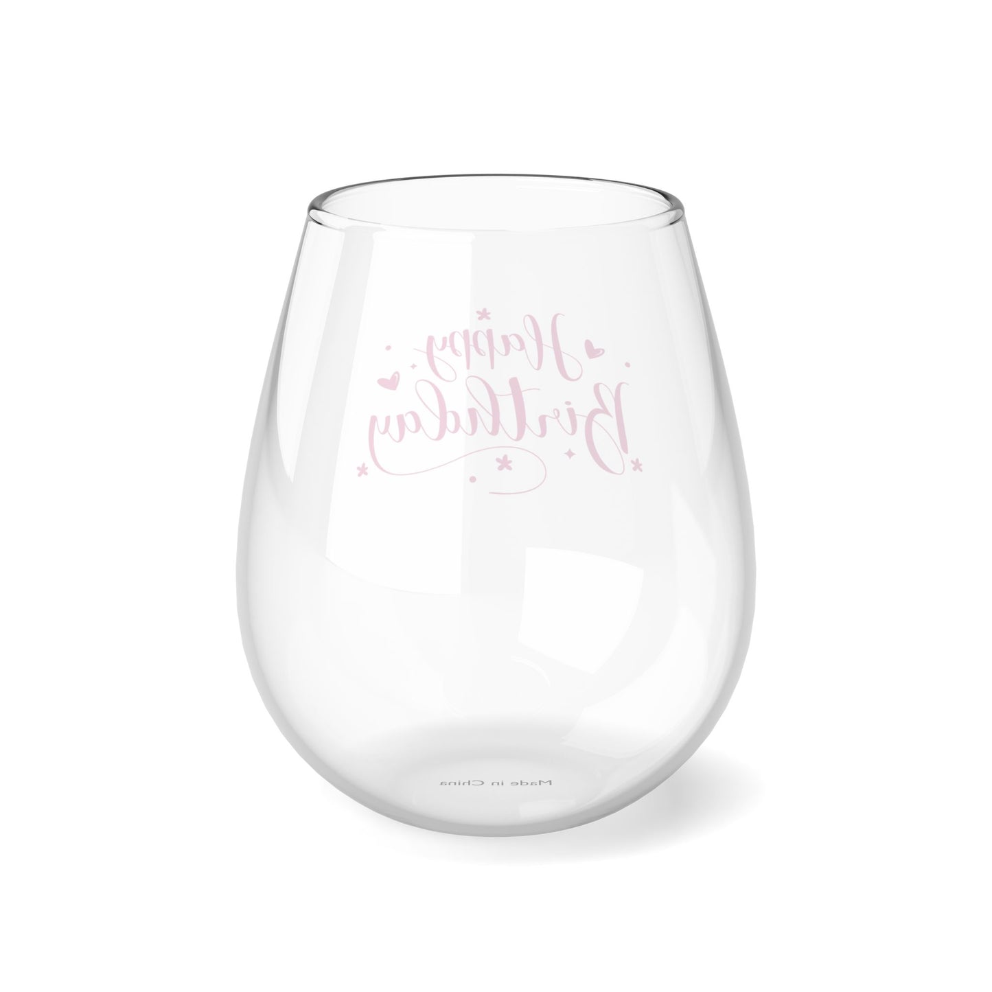 "Happy Birthday" in Pink Stemless Cocktail/Wine Glass, 11.75oz