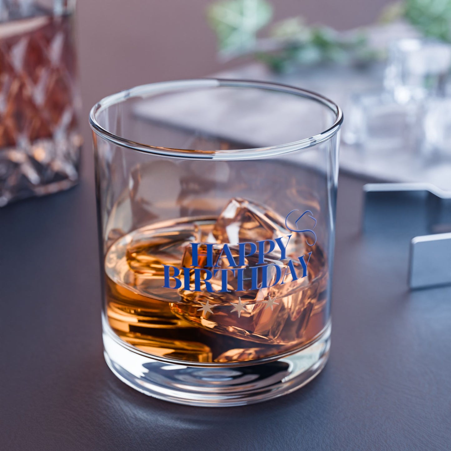 "Happy Birthday" Blue Cowboy Style Rocks Glass, 10oz