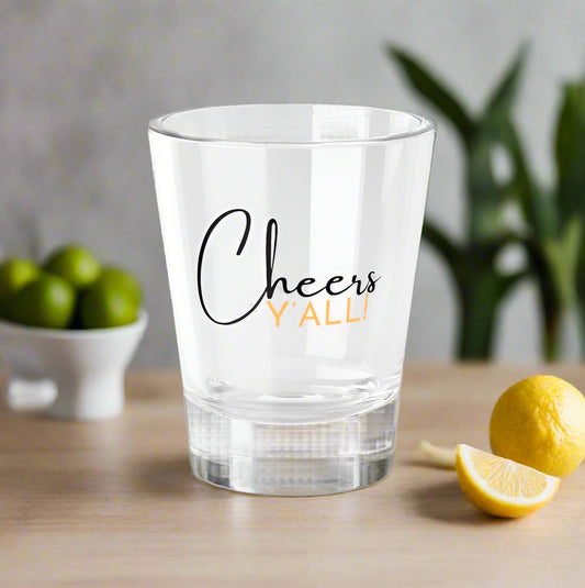 "Cheers Y'All" In Black and Gold Shot Glass, 1.5oz